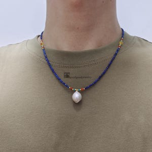 Bohemian Lapis Lazuli Necklace with Real Pearl Pendant, Delicious Lapis Lazuli Stone Choker, Blue Gemstone Necklace, Gem Choker Necklace