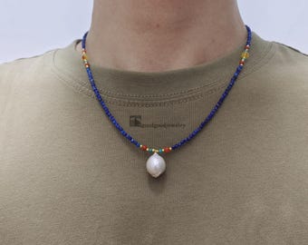 Lapis Lazuli Necklace, Real Pearl Pendant, 18k Gold Plated Clasp