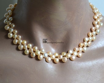 light pink pearl necklace -  16 inches Freshwater Pearl necklace, real pearl necklace, pearl choker necklace, triple strands pearl necklace