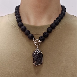Black Lava Stone Necklace with Meteorolite Pendant, Lava Rock Beaded Necklace, Irgizites Pendant,Natural Volcanic Lava Jewelry,Natural glass