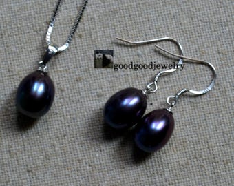 Peacock Black Pearl Set, Sterling Silber, Ohrringe und Halskette