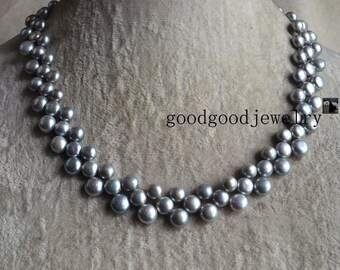 gray pearl necklace - 3 rows 16-17 inch Freshwater Pearl necklace,silver pearl necklace, choker pearl necklace, triple strand pearl necklace