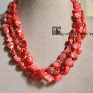 Pink Coral Beads Necklace, Hand Knotted Each Bead, 18 inch Three Strands, Baroque Shell Necklace, statement necklace, mother of pearl beaded