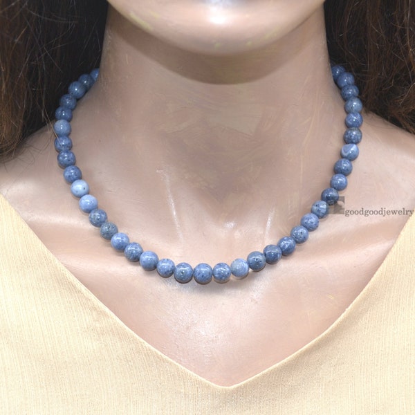 Genuine Coral Necklace, Natural Blue Coral Necklace, Blue Beaded, Cool Stone Necklace, Delicate Necklace, 8 mm blue gray Necklace