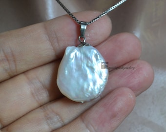 big baroque pearl with box chain, real pearl pendant, statemant necklace, freshwater pearl pendant,big white pearl pendants,large coin pearl