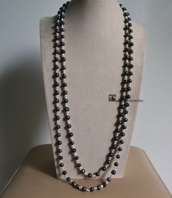 Long Pearl Necklace, 64 Inches 3.5-7mm White and Black Pearl