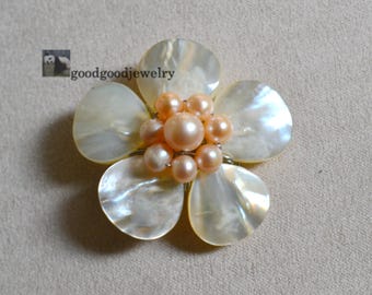 Pink Freshwater Pearl Brooch, Shell Flower Pin, Brass Jewelry