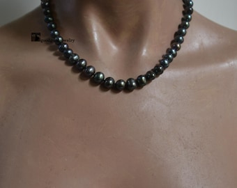 Pauwenzwarte zoetwaterparelketting, echte parelkettingen 18 inch 8-9 mm, statementketting, elke kraal handgeknoopt, echte parels