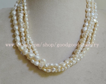 baroque pearl necklace -4 rows pearl necklace, 5-10mm white Freshwater pearl necklace,real pearl necklace, statement necklace