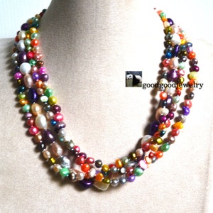 Rainbow pearl necklace -4 rows multicolor pearl necklace, 6-12mm colorful Freshwater pearl necklace,real pearl necklace, statement necklace