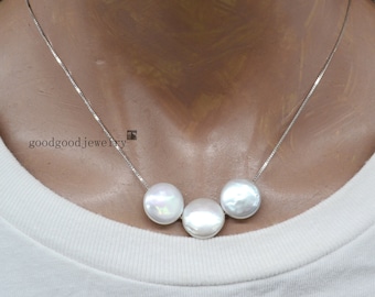 Floating Pearl Necklace, Dainty Pearl Necklace, real pearl necklace, Three coin pearl necklace, sterling silver chain, statemant necklace