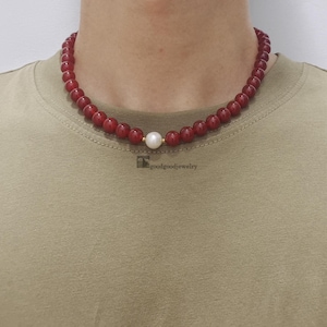 Classical Red Agate Necklace with Freshwater Pearl Charm, Dainty Onyx Choker, Dark Red Gemstone Beaded Necklace, smooth Carnelian Jewelry