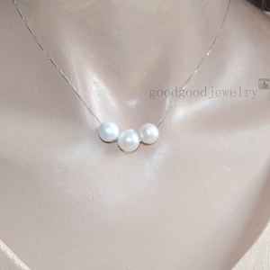 Floating Pearl Necklace, Dainty Necklace, Three Pearls Necklace, Simple Everyday Necklaces, Real Pearl Necklace, Two pearls, Four Pearls