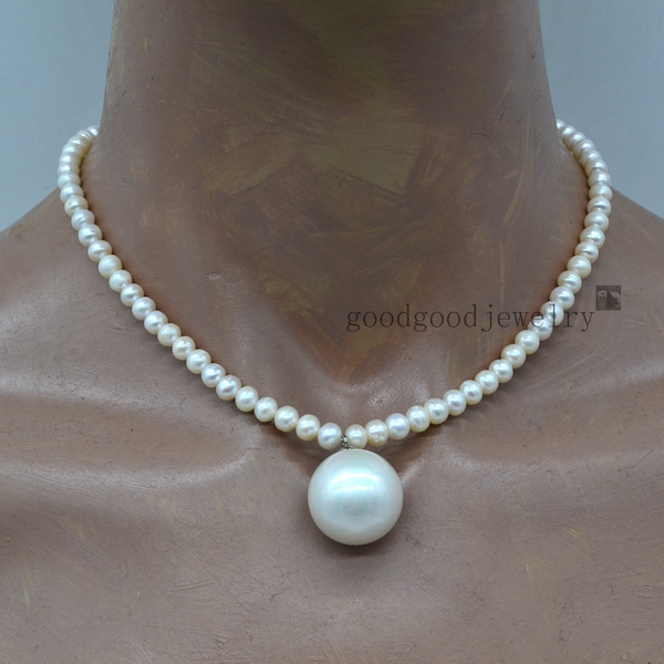 pearl necklace, 6-6.5mm pearl with a 19.5mm big pearl necklace, round pearl pendant necklace, statement necklace