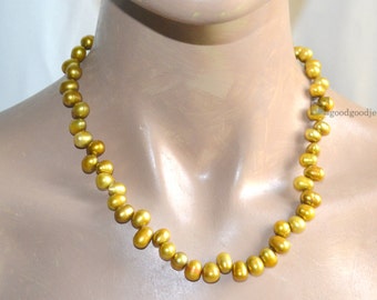 Gold pearl Necklace earrings set, 18 inch 7-8mm freshwater pearl necklace, drop pearl, statement necklace, yellow pearl necklace