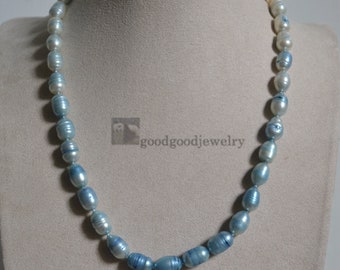 Light blue pearl necklace, gradient color beaded, real pearl necklace, wedding necklace, statement necklace, freshwater pearl beads