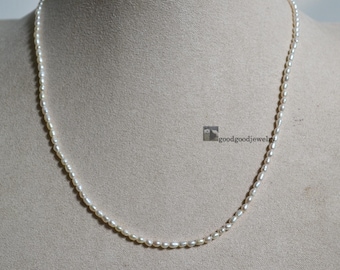 2.8x3.5mm Small Pearl Necklace, white Genuine Freshwater Pearl necklace, 17.75 inch rearl pearl necklace, Little Rice Pearl Beaded