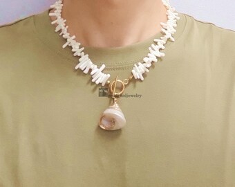 Collar de coral natural llamativo, colgante de concha marina, cierre chapado en oro