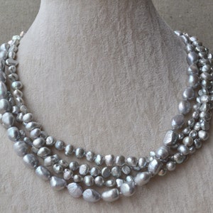 gray pearl necklace, freshwater pearl necklace, 4 rows 6-10mm pearl necklace, wedding necklace, statement necklace, baroque pearl necklace
