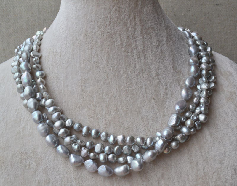 gray pearl necklace, freshwater pearl necklace, 4 rows 6-10mm pearl necklace, wedding necklace, statement necklace, baroque pearl necklace