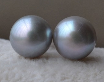 Gray Freshwater Pearl Stud Earrings, Sterling Silver 10mm, AAA