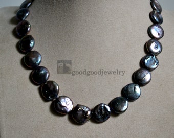 Collar de perlas de moneda negra pavo real, collar de perlas de agua dulce real de 16-16,5 mm, collar de boda, collar de madre, collar de mujer, regalo para ella