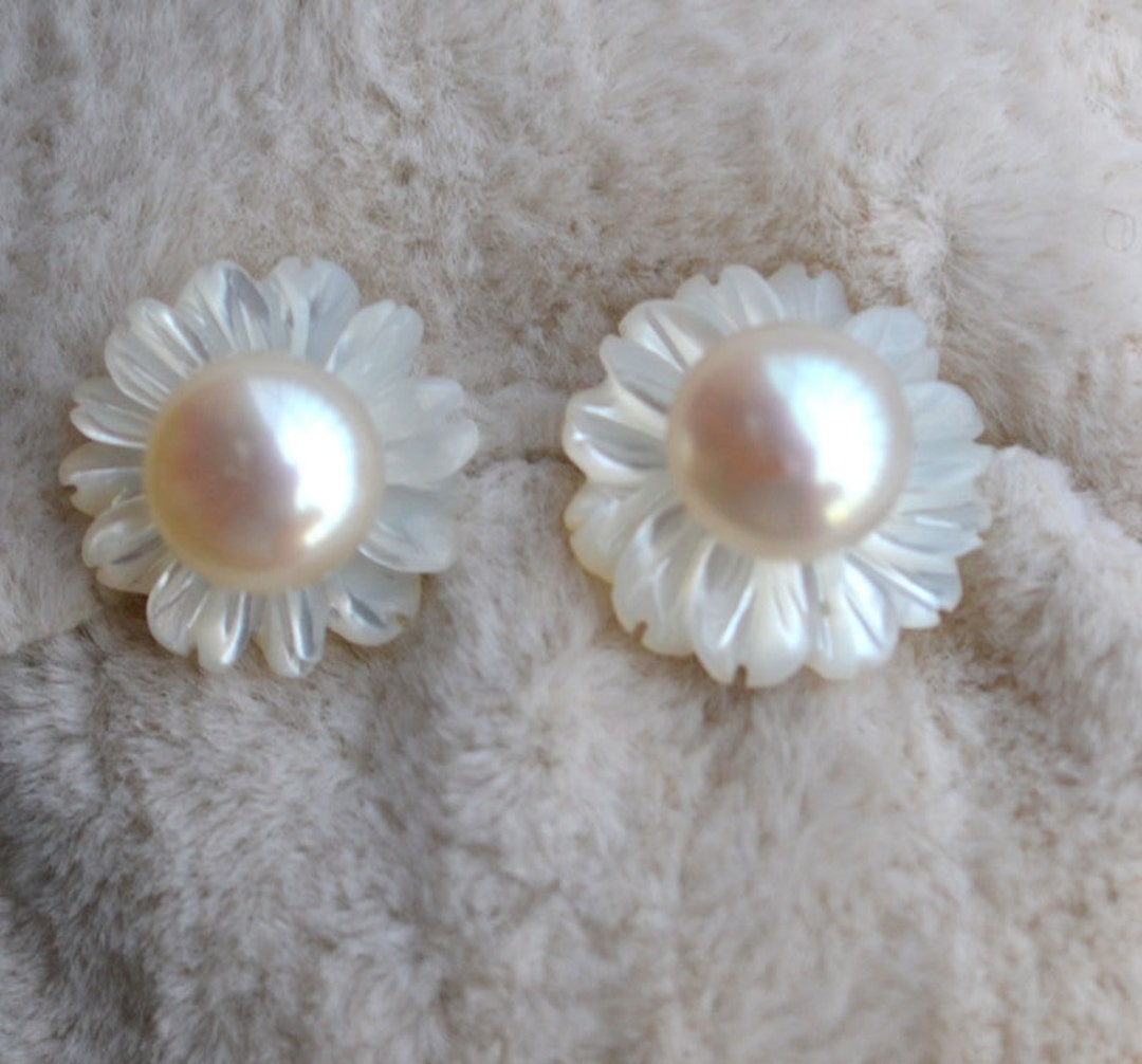 Shell Flower Earrings,stud Pearl Earrings,natural White Shell Flower Earrings,wedding Earrings ...