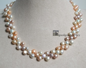 real pearl necklace, 3 rows 16 inch Freshwater Pearl necklace, multicolor pearl necklace,pearl choker necklace, triple strand pearl necklace