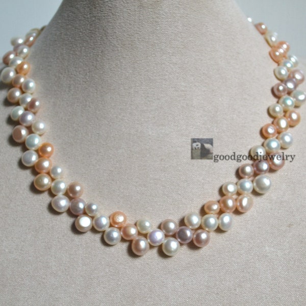 real pearl necklace, 3 rows 16 inch Freshwater Pearl necklace, multicolor pearl necklace,pearl choker necklace, triple strand pearl necklace