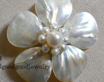 White Shell Flower Brooch, Freshwater Pearl, Bridesmaid Gift