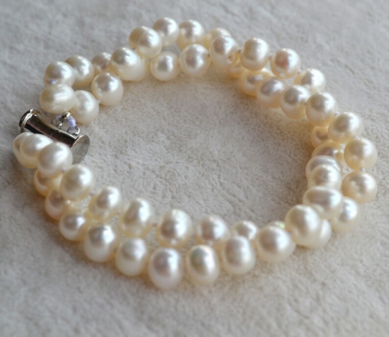 Real pearl bracelet 2 Row 8 inches 67mm White Freshwater Etsy