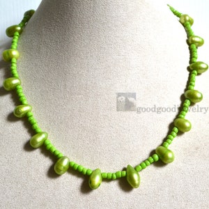 Lime green beads necklace, real pearl necklace, green pearl necklace, wedding necklace, statement necklace, light green necklace