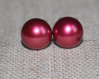 Burgundy Red Pearl Earrings, 7.8 mm freshwater pearl earring, burgundy beaded earrings stud,real pearl earrings,burgundy color earrings stud