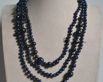 Long collier de perles, 60 pouces 6-12 mm bleu noir foncé collier de perles d'eau douce, vrai collier de perles