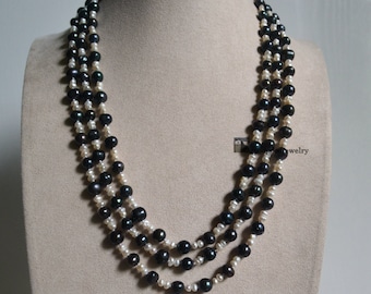 Long Pearl Necklace, 64 Inches 3.5-7mm White and Black Pearl