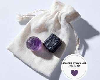 Grounding Stones for Overwhelm | Amethyst Black Tourmaline Calming Tool | Therapist Designed Mindfulness Gift Set