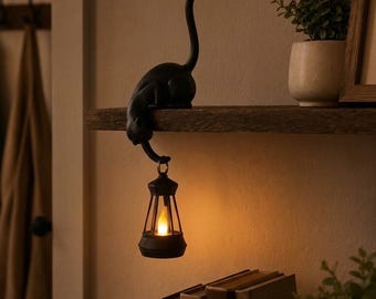 Kattenlantaarn als decoratie voor op een plank | Hangende theelichthouder | Cadeau voor kattenliefhebbers | Halloween decoratie