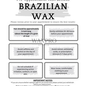 Pode incluir: Um gráfico informativo em preto e branco intitulado "BRAZILIAN WAX". O gráfico fornece instruções pré-agendamento, incluindo comprimento do cabelo, esfoliação e conselhos de cuidados com a pele. Também inclui informações de contato para a esteticista.