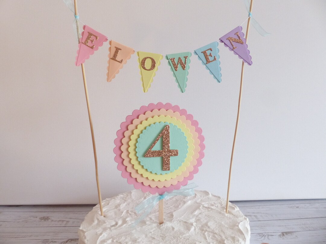Pastel Rainbow Cake Bunting - Personalised Birthday Cake Topper ...