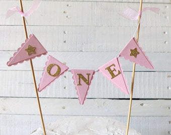 Girl's First Birthday Cake Bunting Topper - Pink & Gold Smash Cake Topper