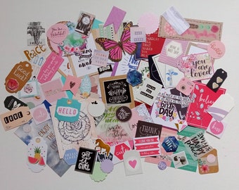 Assorted Journal Tags and Sentiments, 80 + Pieces, Bullet Journal Embellishments, Junk Journal, Collage, Scrapbooking, Craft Stash, Grab Bag