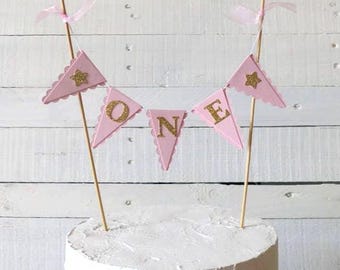 Första födelsedagstårtdekoration – Rosa & Guldglitter