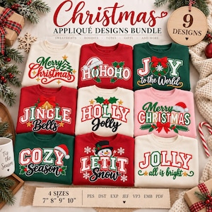Può includere: Un pacchetto digitale di 9 disegni per ricamo ad applique natalizi con testi festivi e grafiche natalizie su felpe. I disegni includono frasi come Merry Christmas, Joy to the World e Jingle Bells nei colori rosso, verde e bianco.