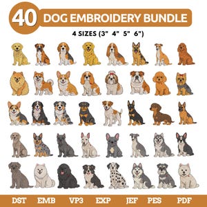Może przedstawiać: Cyfrowa kolekcja 40 wzorów haftów z psami różnych ras w pozycji siedzącej. Tekst zawiera napis 40 DOG EMBROIDERY BUNDLE, 4 SIZES (7,6 cm 10,2 cm 12,7 cm 15,2 cm) oraz formaty plików DST, EMB, VP3, EXP, JEF, PES, PDF.