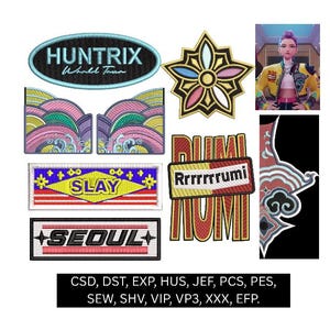Puede incluir: Una colección de parches bordados con varios diseños y texto. Los parches incluyen las palabras "HUNTRIX World Tour", "SLAY" y "SEOUL". Otros parches presentan diseños florales y abstractos. La imagen también incluye una ilustración digital de una persona.