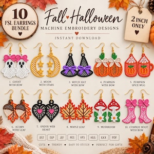 Op de afbeelding: Een digitaal overzicht van 10 herfst- en Halloween-machineborduurontwerpen voor oorbellen, waaronder spoken, manen, heksenhoeden, pompoenen, mokken, eikels, spinnenwebben, esdoornbladeren, paddenstoelen en cowboylaarzen, elk 2 inch groot.