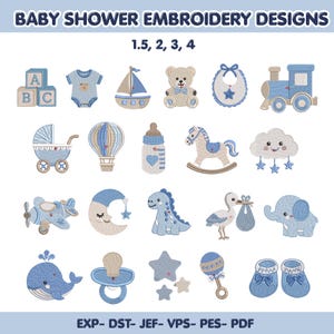 Può includere: Una collezione di ricami per baby shower con motivi blu e beige che includono cubi dell'alfabeto, un body, una barca a vela, un orsacchiotto, un bavaglino, un trenino, una carrozzina, una mongolfiera, un biberon, un cavallo a dondolo, una nuvola, un aeroplano, una luna, un dinosauro, una cicogna, un elefante, una balena, un ciuccio, stelle, un sonaglio e scarpine.
