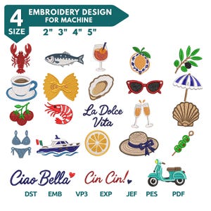 Puede incluir: Un conjunto de diseños de bordado digital para máquinas en 4 tamaños de 2 a 5 pulgadas. Los iconos incluyen langosta, pescado, cóctel, limón, rama de olivo, café, pasta farfalle, ostra, gafas de sol, sombrilla, tomates, gamba, copas, concha, bikini, yate, rodaja de limón, sombrero, brocheta de aceitunas, scooter y textos La Dolce Vita, Ciao Bella y Cin Cin.