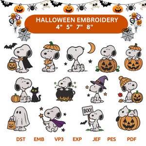 Könnte beinhalten: Eine Sammlung von Halloween-Stickmustern mit Snoopy in verschiedenen Kostümen, darunter ein Geist, ein Vampir und eine Hexe. Der Text lautet HALLOWEEN EMBROIDERY 4" 5" 7" 8". Die Motive zeigen Kürbisse, eine schwarze Katze, einen Kessel und Fledermäuse.