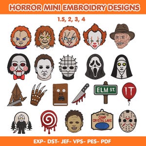 May include: A collection of horror-themed machine embroidery designs featuring various iconic characters, masks, and symbols. The set includes twenty distinct motifs such as a red balloon, a bloody knife, a book, and signs labeled ELM ST and CAMP CRYSTAL LAKE.